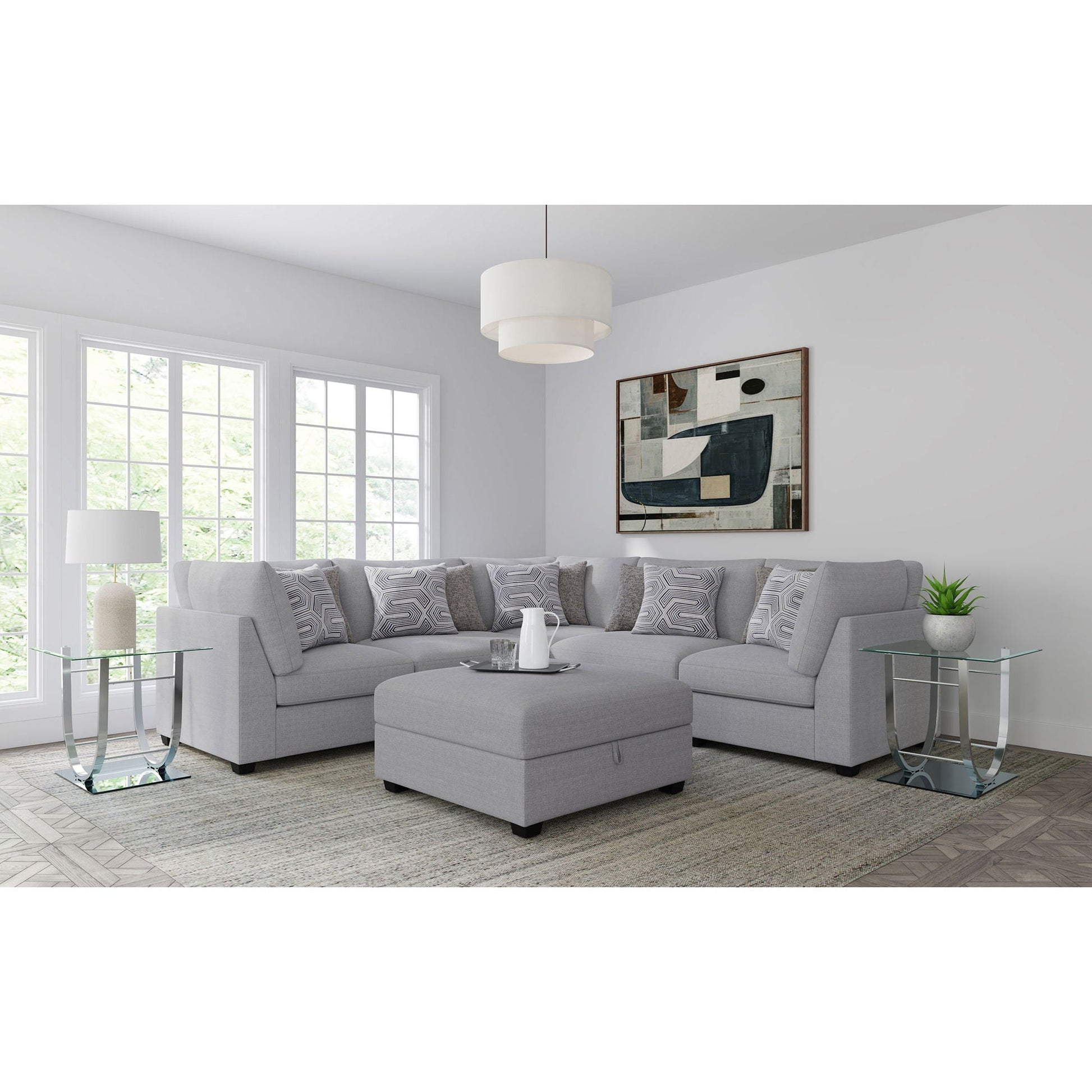 Lafayette modular sectional sofa 2-piece living room set in light gray fabric with ottoman on Tampa Home & Garden Store