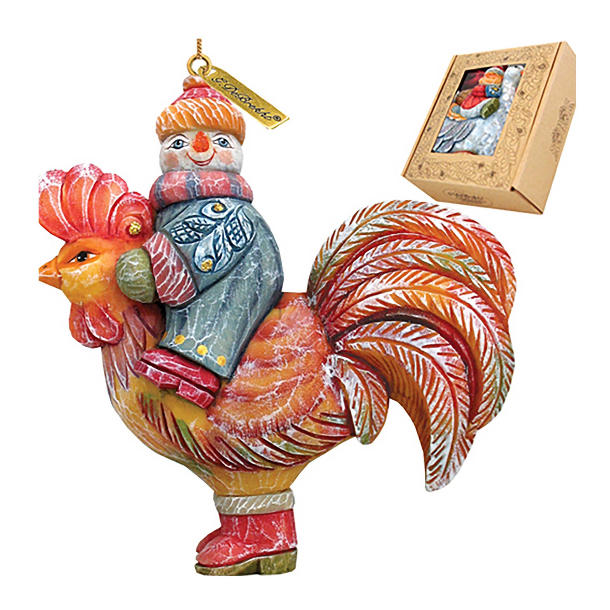 Snowman Riding Rooster hand-painted sculpted ornament by G. DeBrekht, holiday decor on Tampa Home & Garden Store