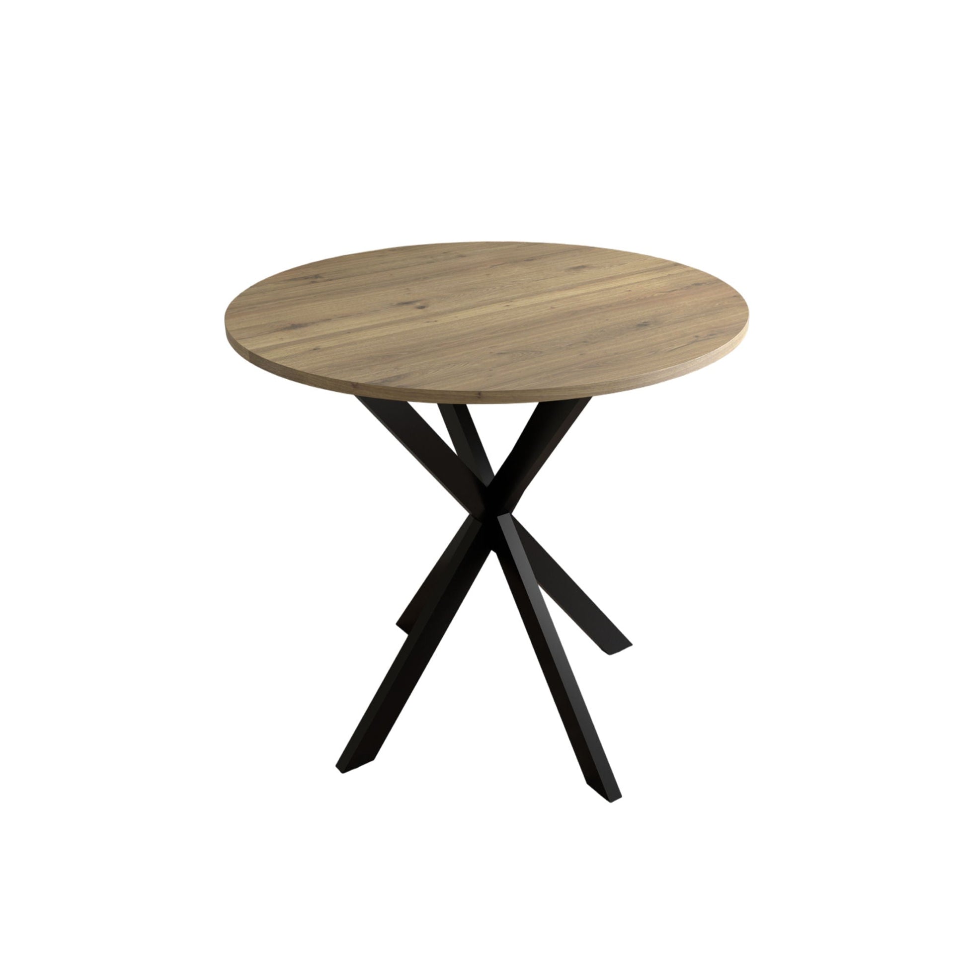 Round dining table for 2–4 people with rustic brown wood top and black X-frame legs on Tampa Home & Garden Store