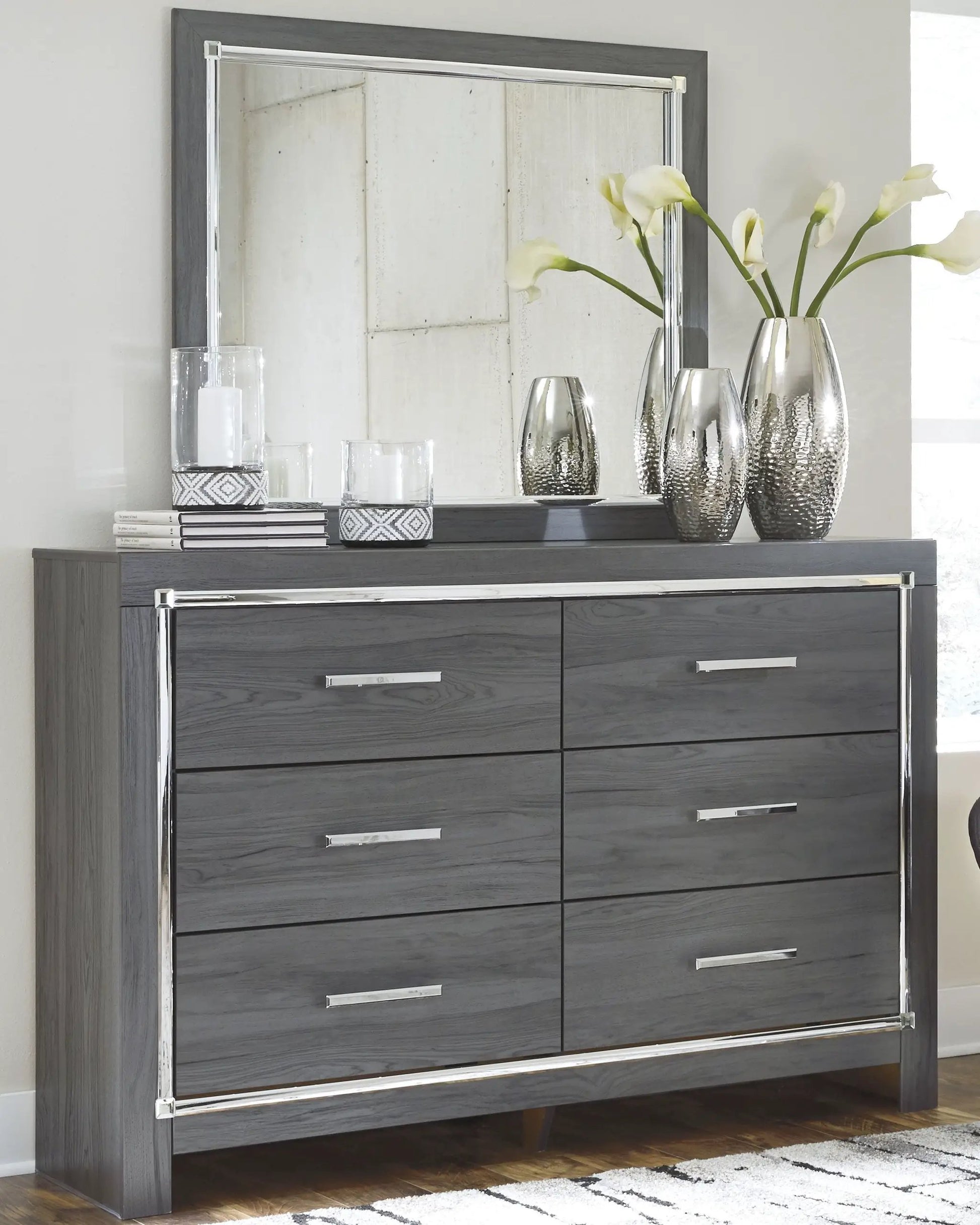 Lodanna 7pc bedroom set in dark gray wood with chrome hardware and large framed mirror on Tampa Home & Garden Store