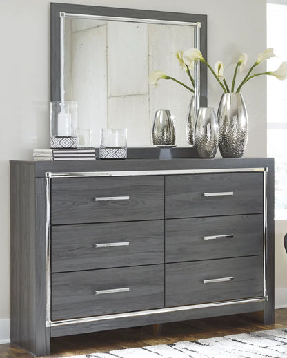 Lodanna 7pc bedroom set in dark gray wood with chrome hardware and large framed mirror on Tampa Home & Garden Store