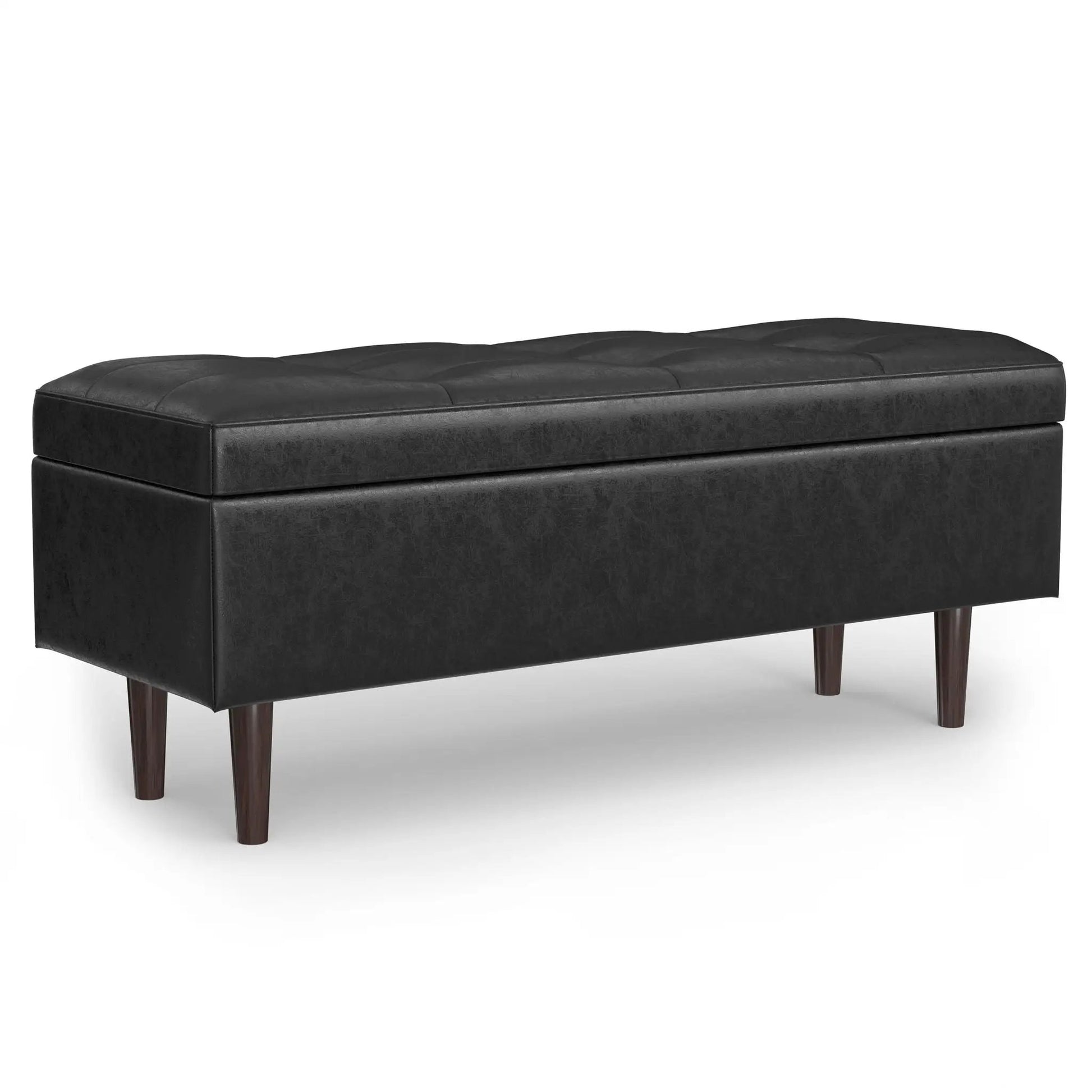 Shay large square storage ottoman in black leather with tufted top and mid-century legs on Tampa Home & Garden Store