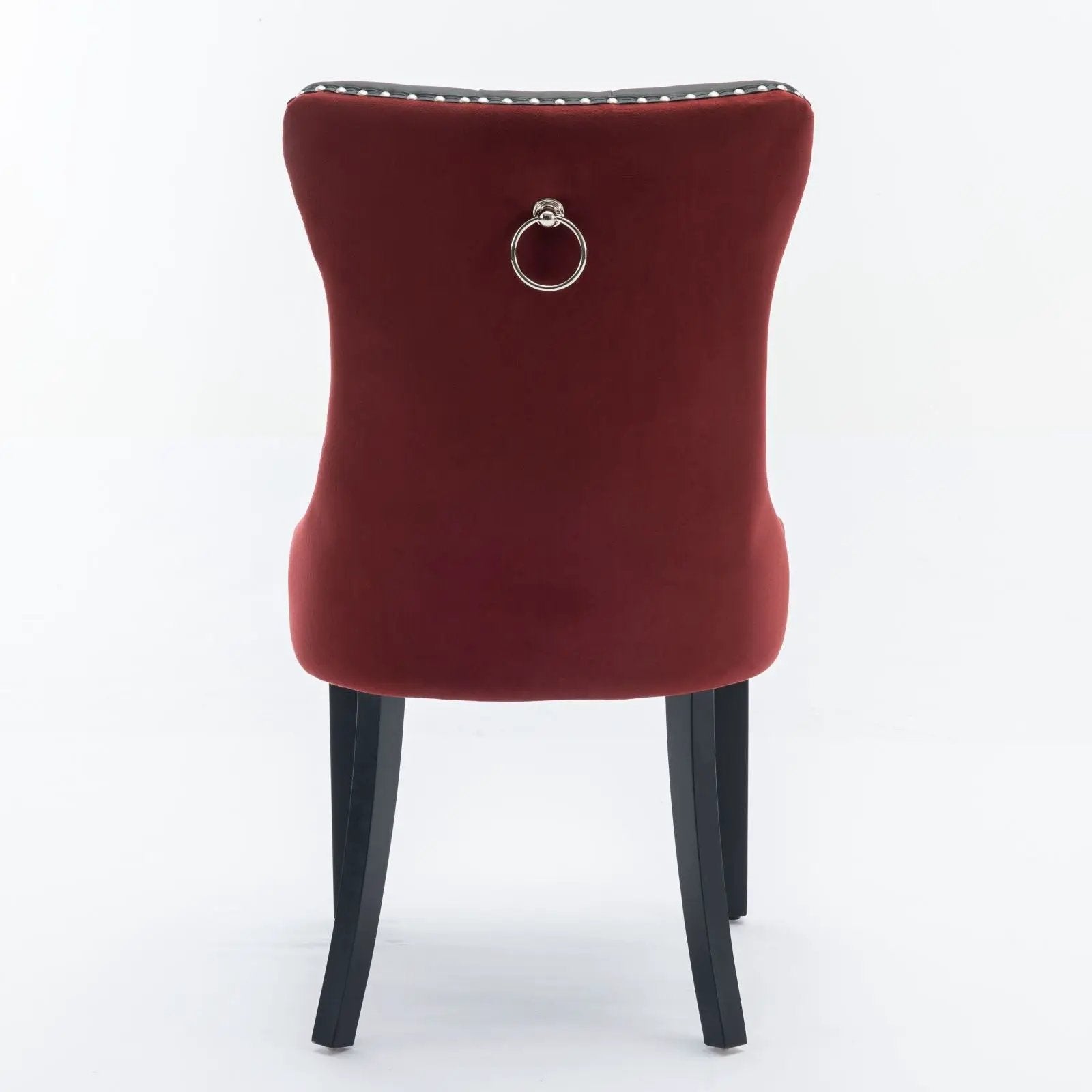 Nikki upholstered dining chairs red velvet with silver ring back, nailhead trim, black legs on Tampa Home & Garden Store