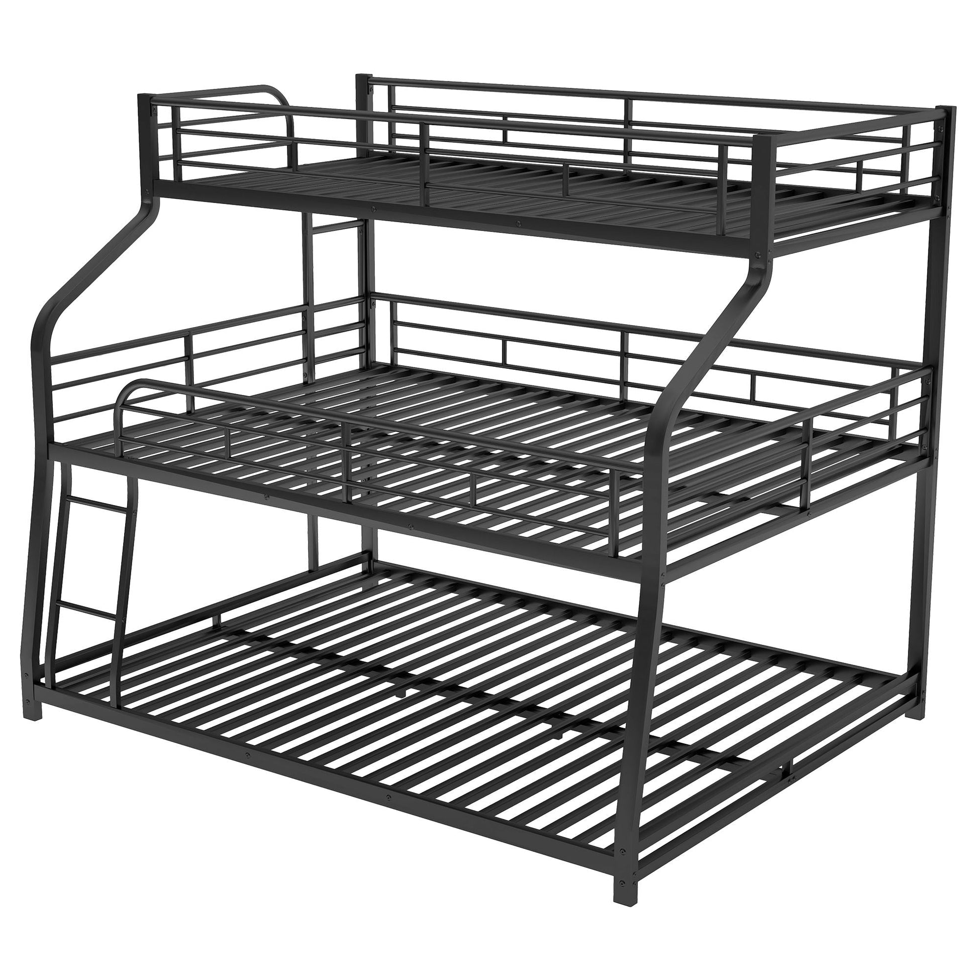HouseOfZazla black triple bunk bed frame with long and short ladders and full guardrails on Tampa Home & Garden Store
