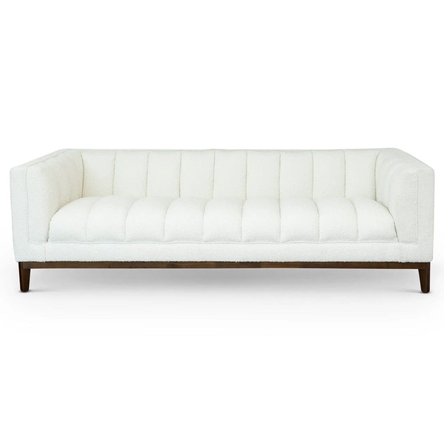 Melissa Mid Century Modern Sofa stationary white fabric upholstery with dark wood legs on Tampa Home & Garden Store
