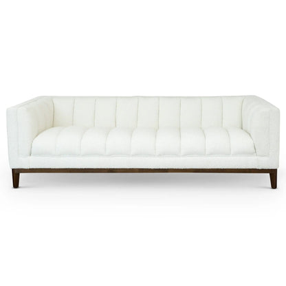 Melissa Mid Century Modern Sofa stationary white fabric upholstery with dark wood legs on Tampa Home & Garden Store