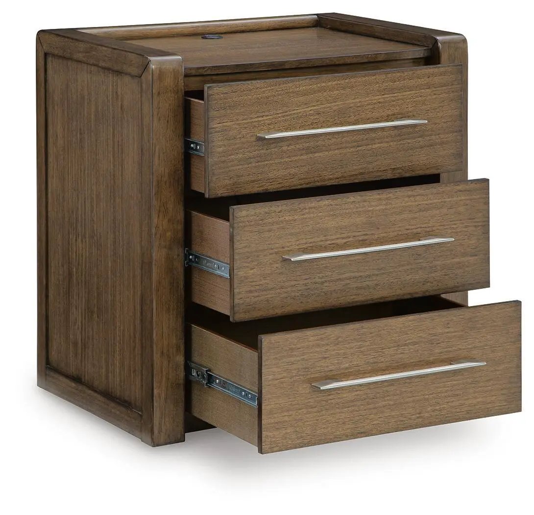 Marxmore brown wooden three-drawer nightstand with silver handles and top charging pad on Tampa Home & Garden Store