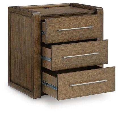 Marxmore brown wooden three-drawer nightstand with silver handles and top charging pad on Tampa Home & Garden Store