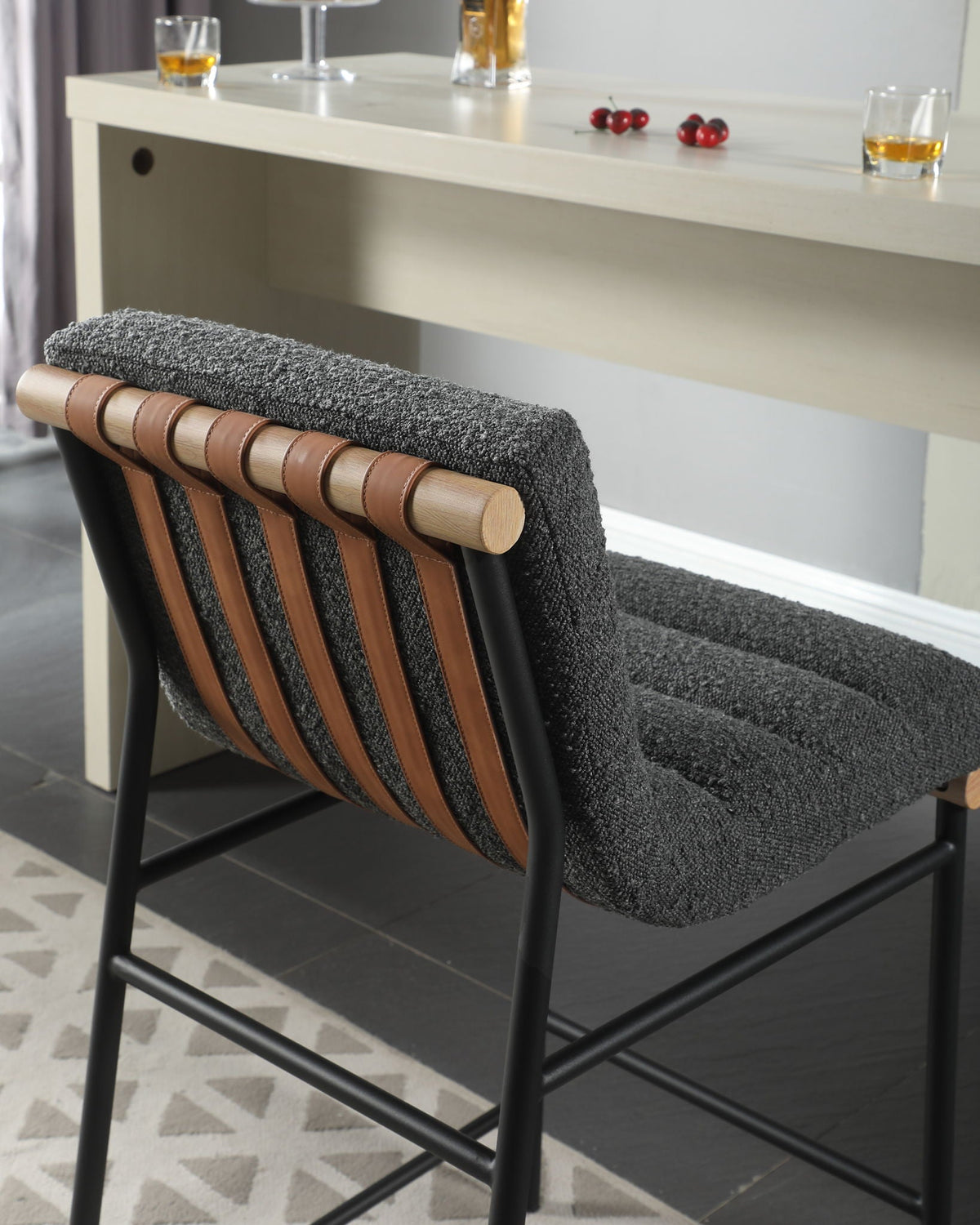 Lahni Boucle Counter Height Chair in grey boucle with wood arms and leather straps HouseOfZazla on Tampa Home & Garden Store