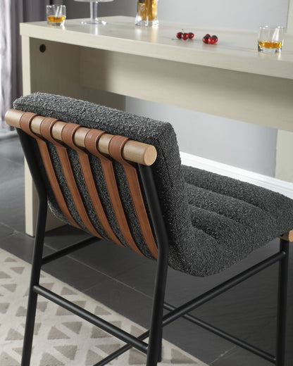 Lahni Boucle Counter Height Chair in grey boucle with wood arms and leather straps HouseOfZazla on Tampa Home & Garden Store