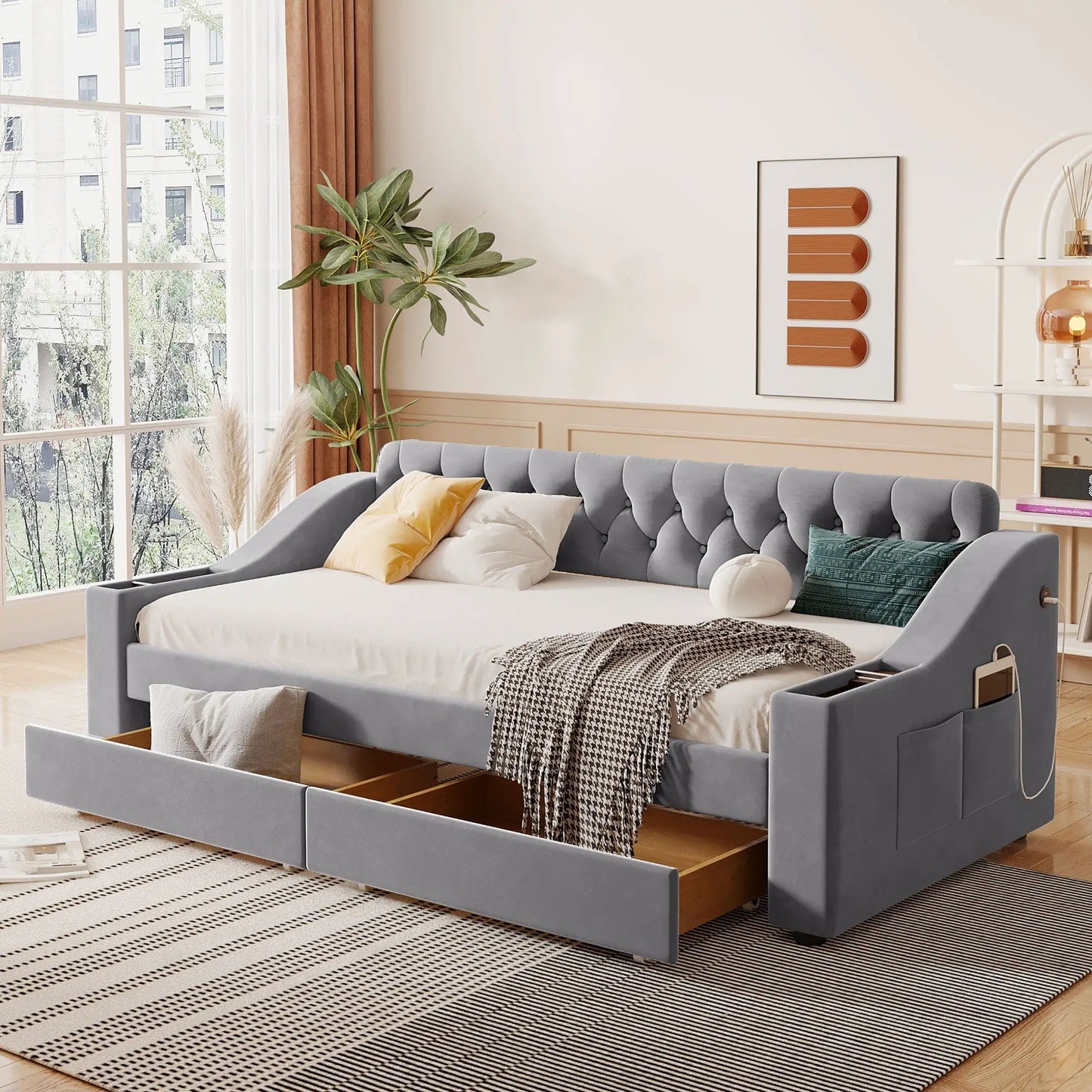 Gray upholstered daybed with storage drawers and armrests by Unique Piece Furniture on Tampa Home & Garden Store
