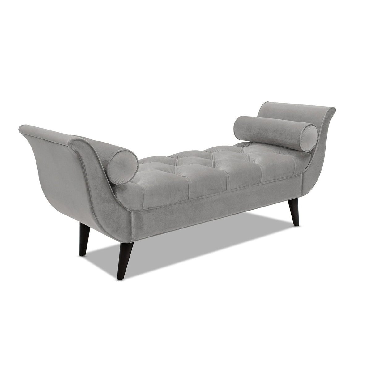 Tufted flared-arm entryway bench in gray velvet with end bolsters on Tampa Home & Garden Store