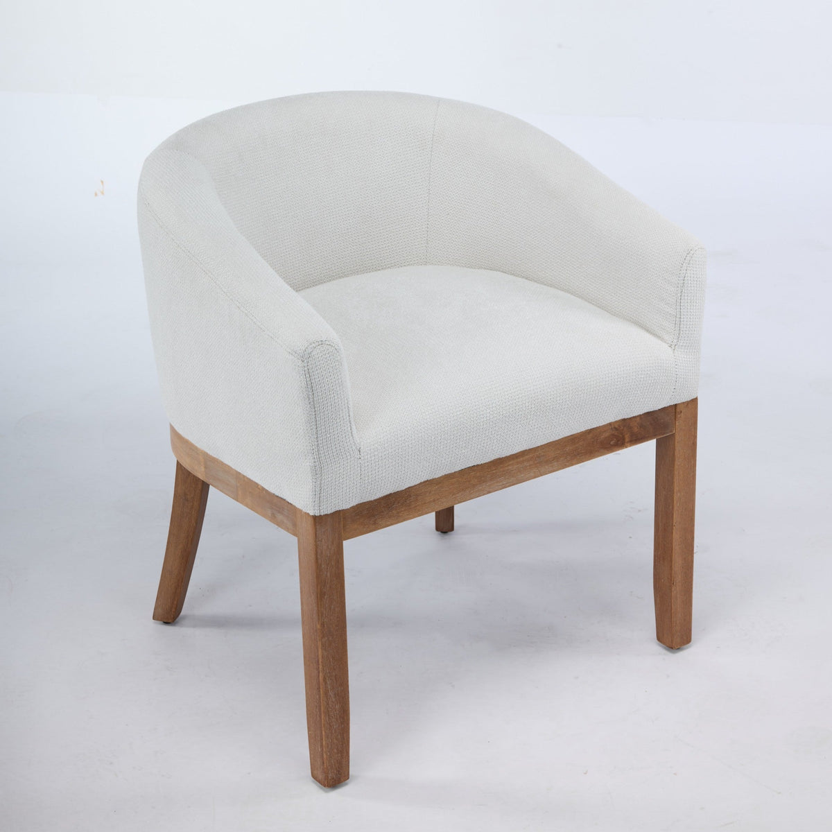 Mid Century Modern Upholstered Barrel Dining Chair with Arms in beige fabric on Tampa Home & Garden Store