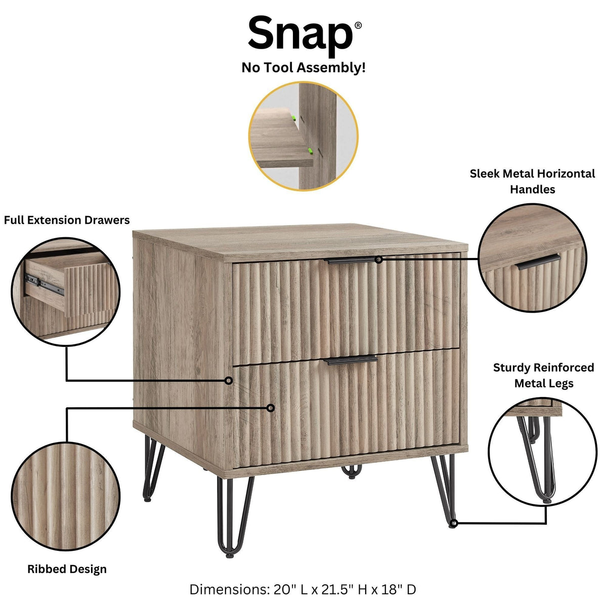 Dumbo Nightstand 2-drawer, ribbed wood fronts, black hairpin legs by HouseOfZazla on Tampa Home & Garden Store