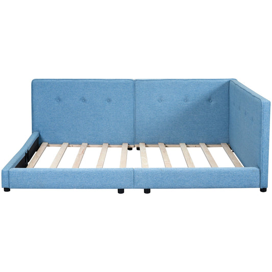 Upholstered blue platform bed frame with wood slats foundation on Tampa Home & Garden Store