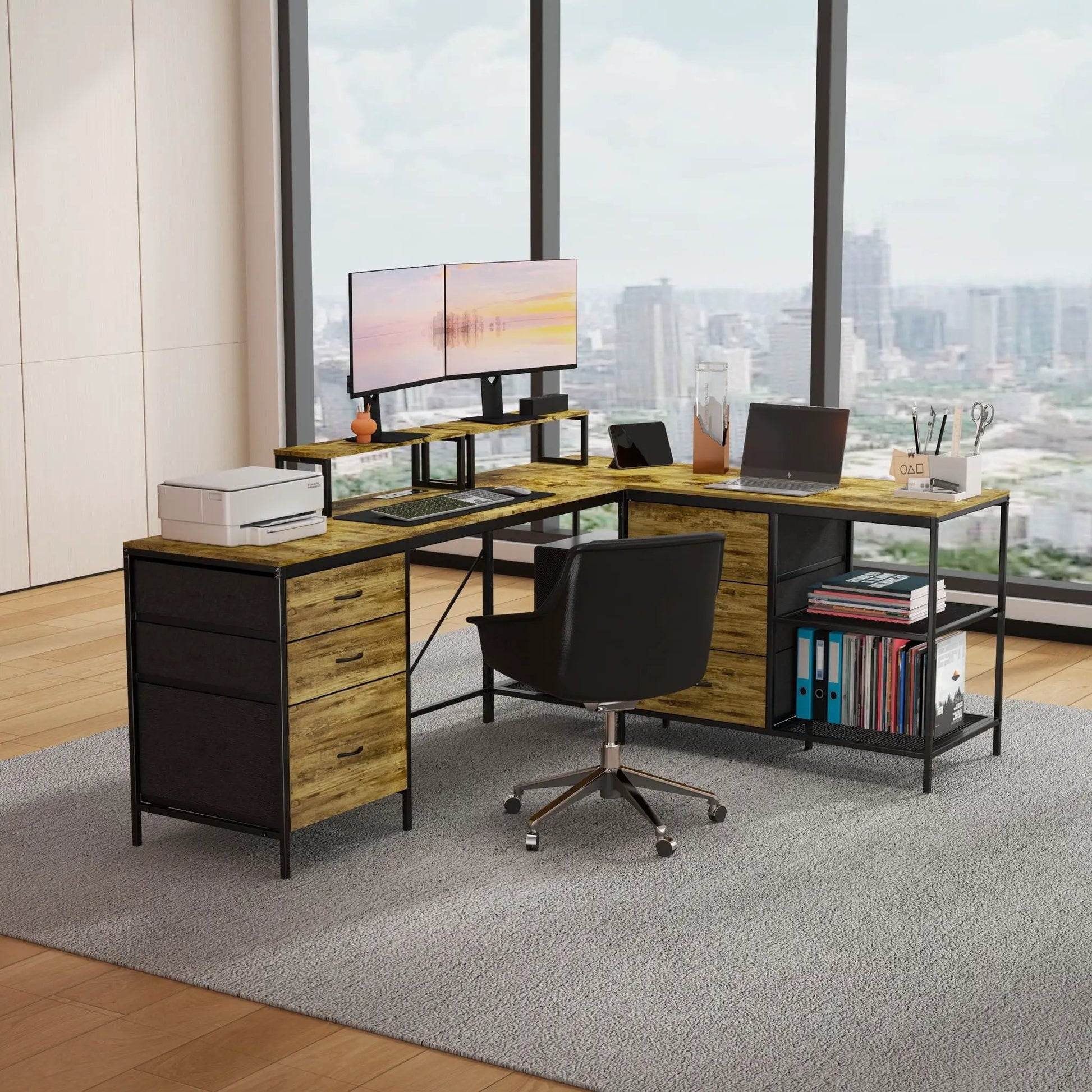Industrial brown L-shaped desk with power hub, 6 drawers, and adjustable monitor stands on Tampa Home & Garden Store