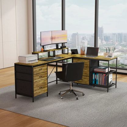 Industrial brown L-shaped desk with power hub, 6 drawers, and adjustable monitor stands on Tampa Home & Garden Store