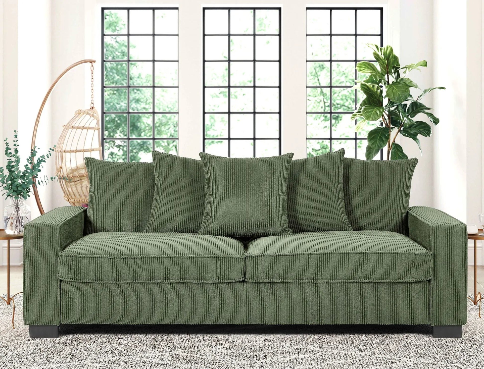 Luxe 3-seater sofa in green corduroy with 5 matching toss pillows, plush and spacious on Tampa Home & Garden Store