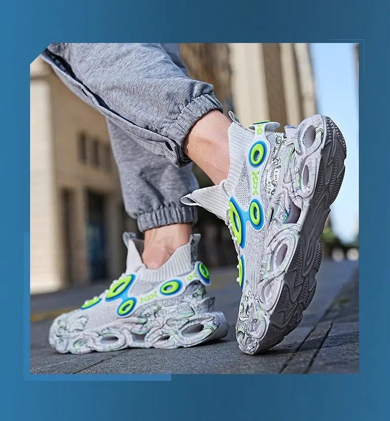 New Galaxy Blade sneaker by FLIPSTYLEZLLC, grey knit upper with neon green rings on Tampa Home & Garden Store