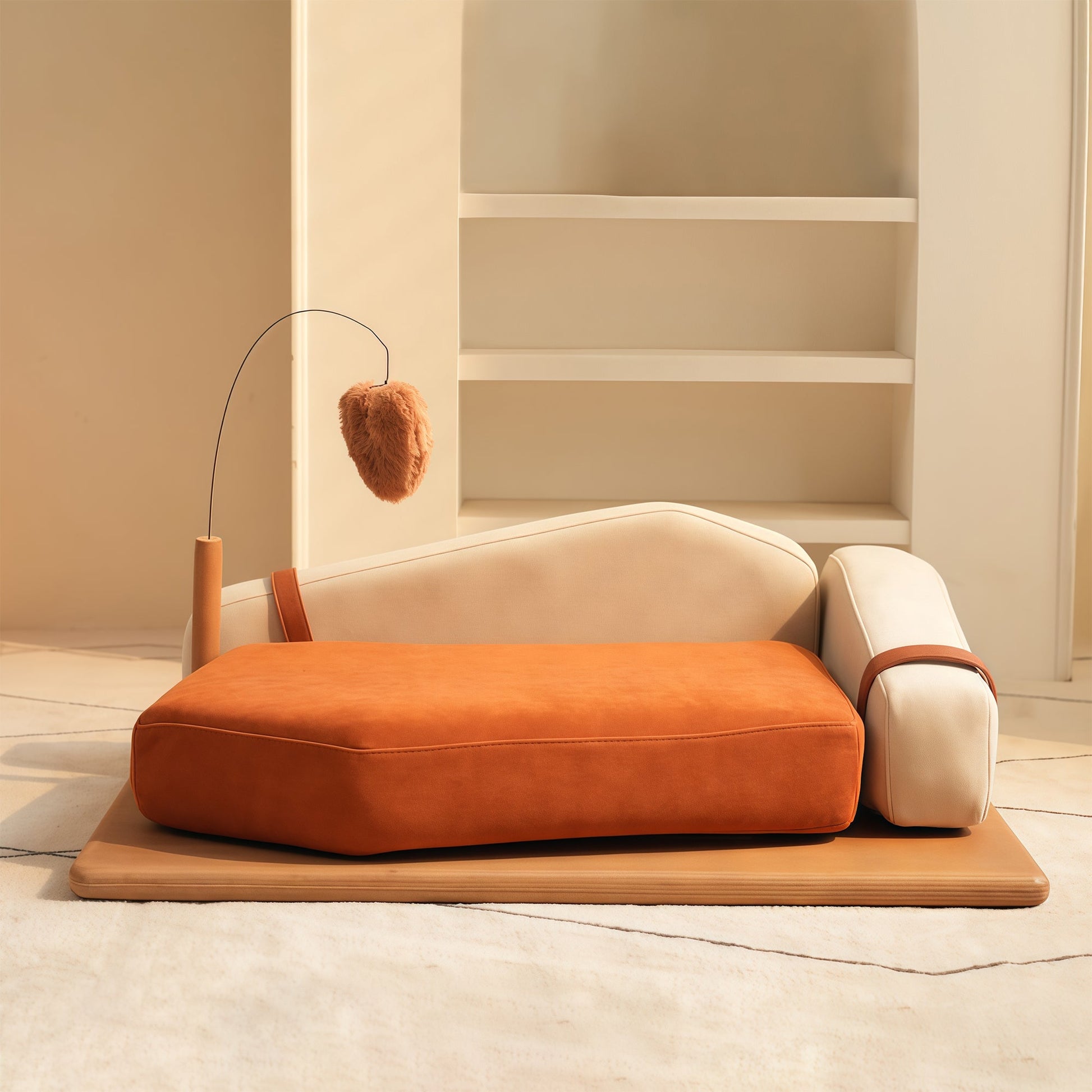 Wooden pet bed for cats & dogs with orange cushion in a cream shelving unit backdrop on Tampa Home & Garden Store