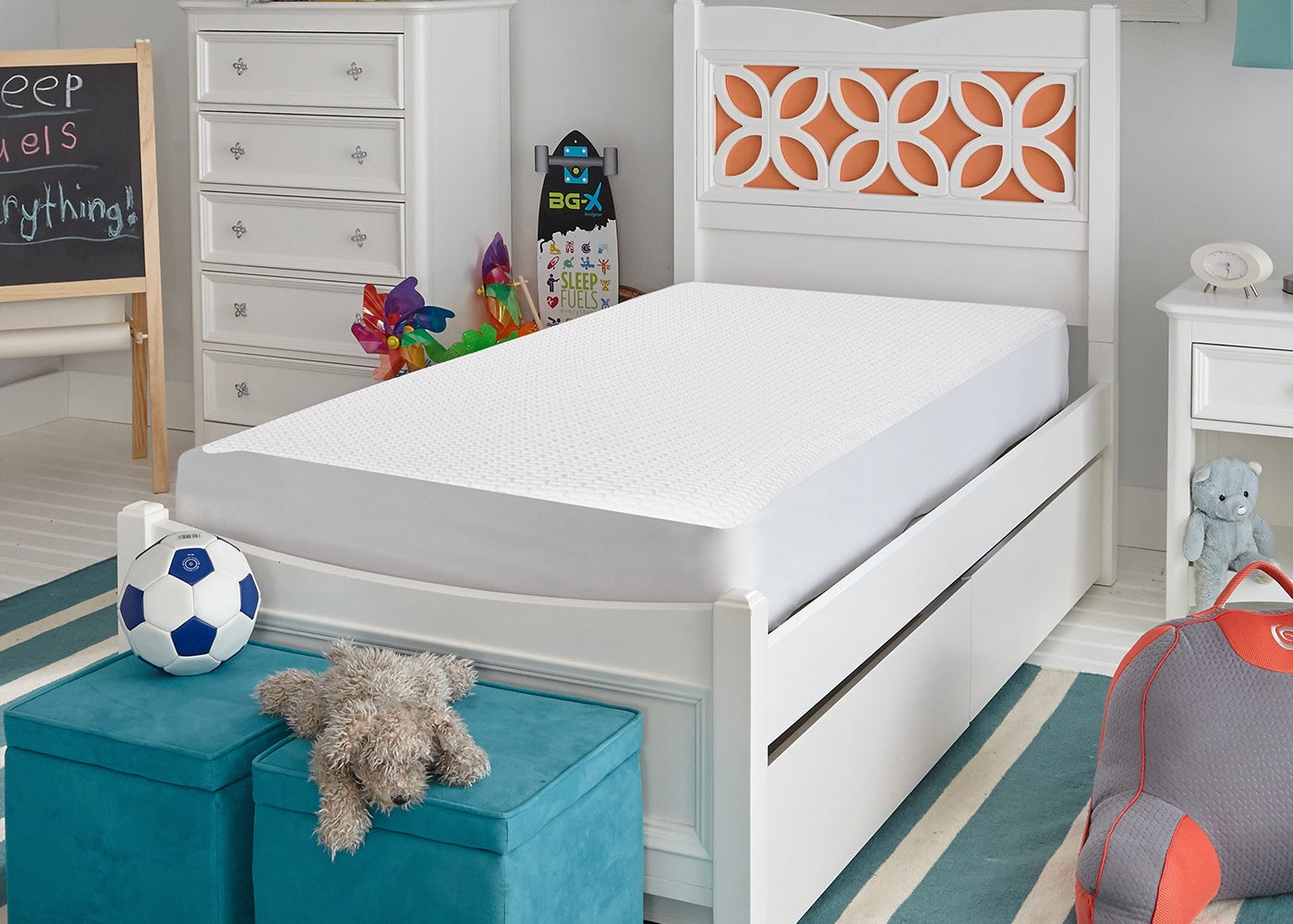 BedGear Kid's Dri-Tec Mattress Protector on white full bed in a bright kids room with toys on Tampa Home & Garden Store