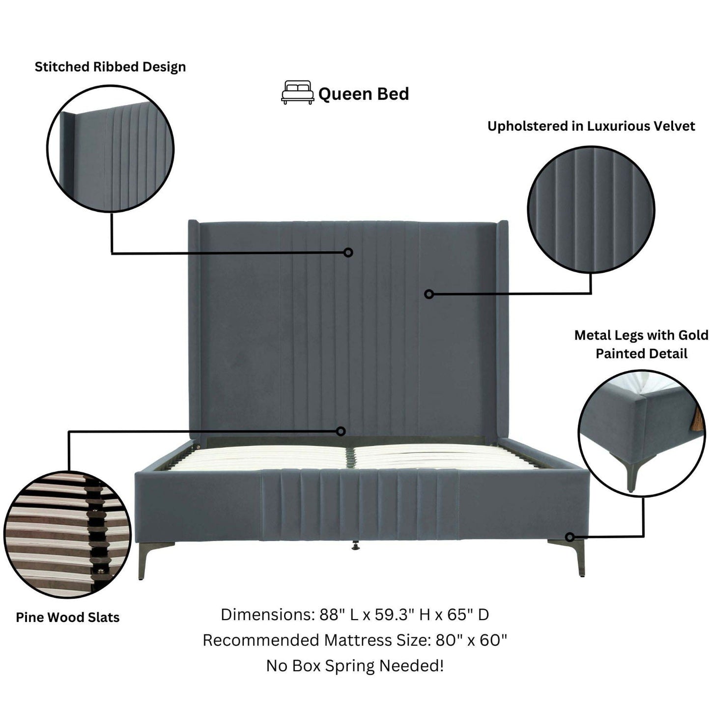 Promenade upholstered bed with ribbed velvet headboard in gray, pine slats on Tampa Home & Garden Store