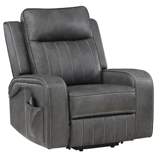 Mckinley power lift recliner chair gray upholstery with white contrast stitching and remote on Tampa Home & Garden Store