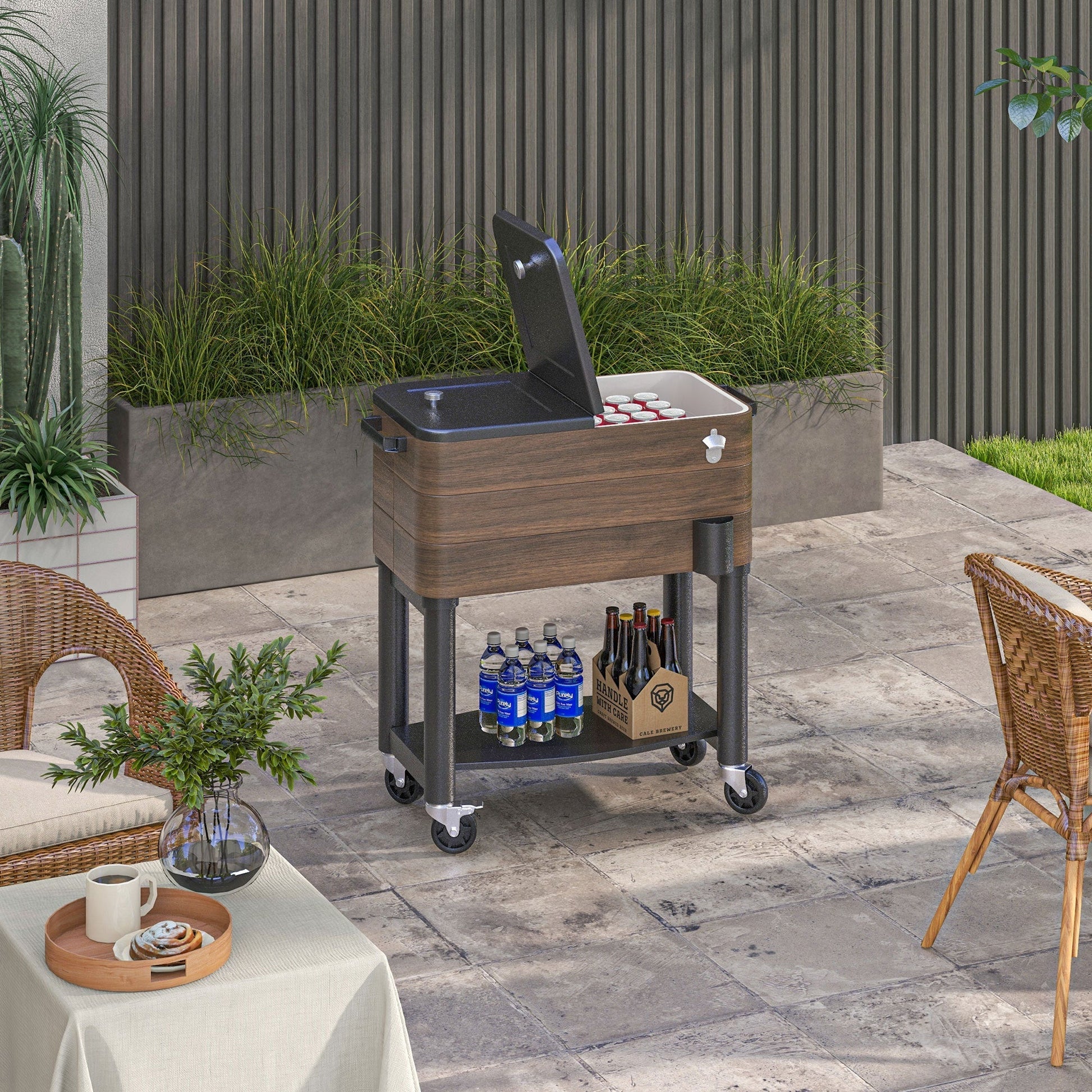 Outsunny outdoor cooler cart wood-grain finish black lid rolling, stocked with cans on Tampa Home & Garden Store