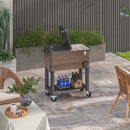 Outsunny outdoor cooler cart wood-grain finish black lid rolling, stocked with cans on Tampa Home & Garden Store