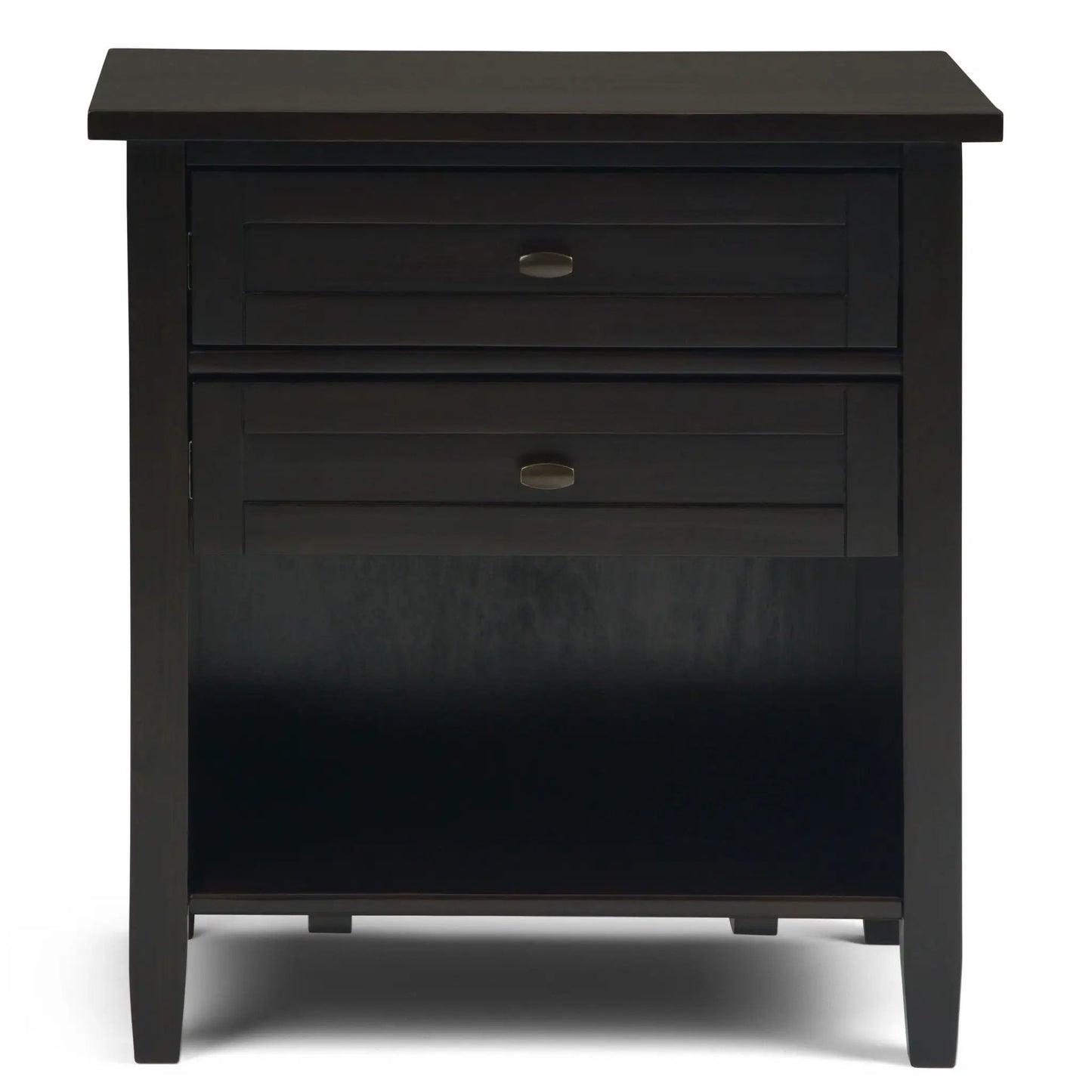 Warm Shaker accent bedside table in black finish with stacked drawers and brass oval pulls on Tampa Home & Garden Store
