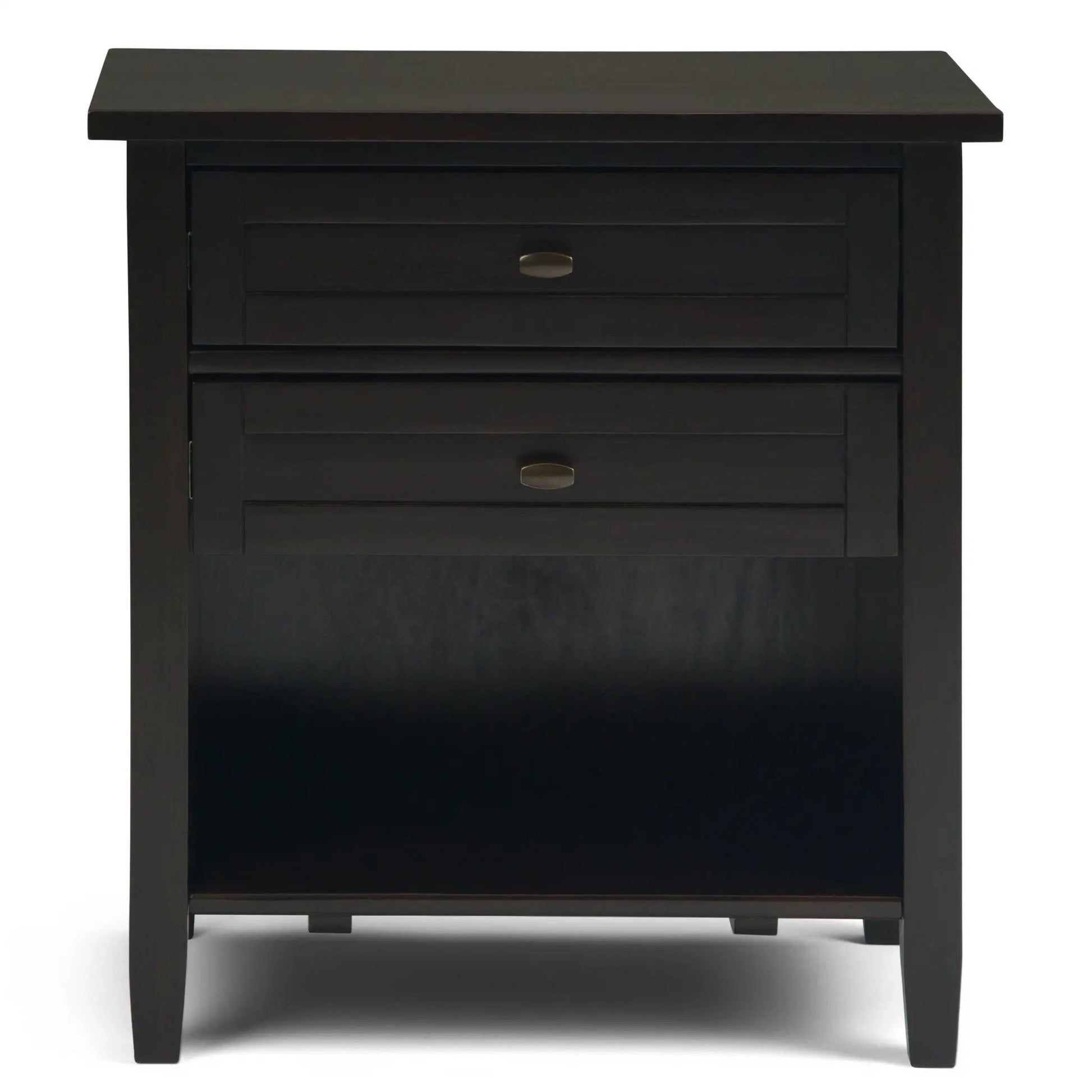 Warm Shaker accent bedside table in black finish with stacked drawers and brass oval pulls on Tampa Home & Garden Store