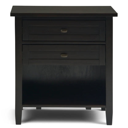 Warm Shaker accent bedside table in black finish with stacked drawers and brass oval pulls on Tampa Home & Garden Store