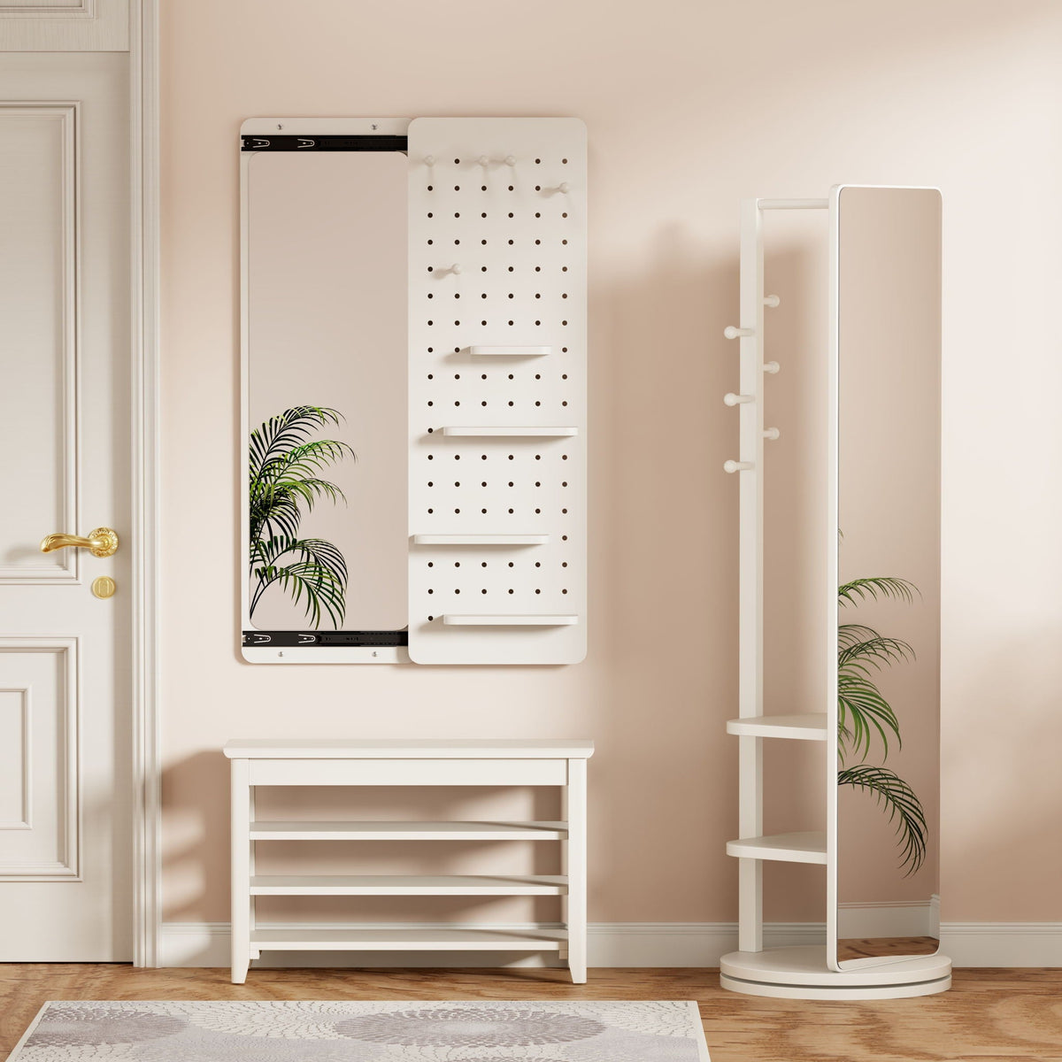 Full length wall mounted mirror with pegboard hooks and shelves in white HouseOfZazla on Tampa Home & Garden Store