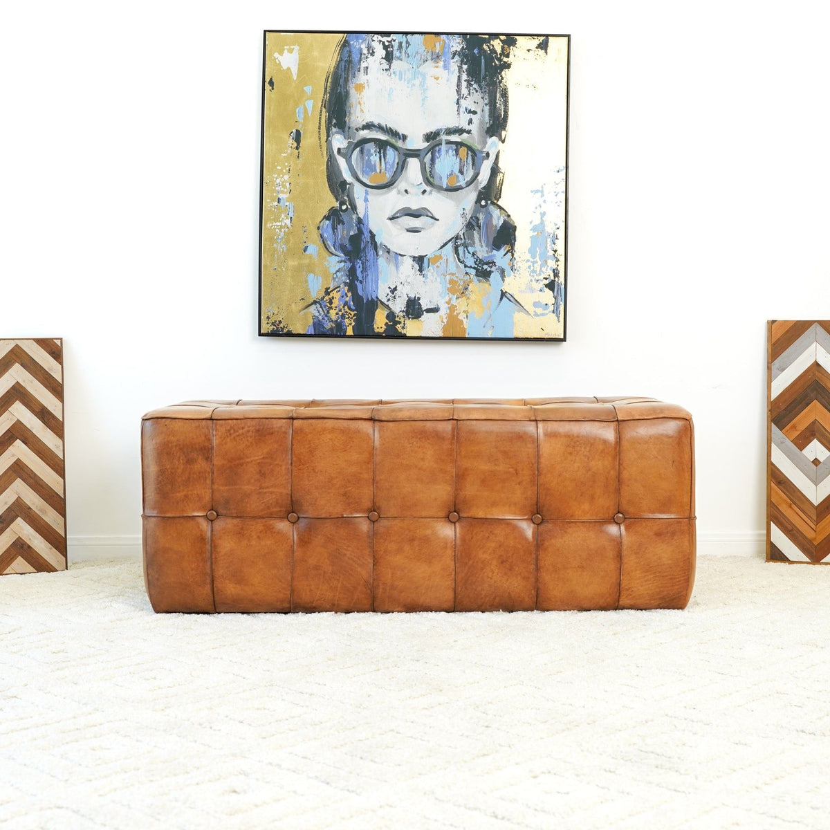 Tan leather upholstered bench with tufted cushions and solid wood frame by HouseOfZazla on Tampa Home & Garden Store