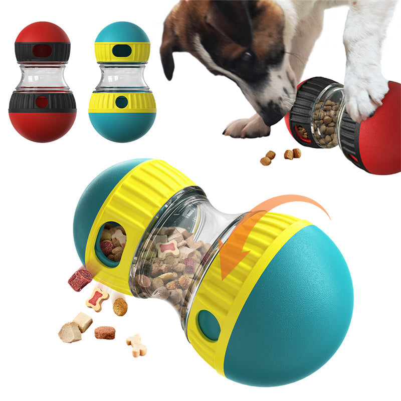 Food dispensing dog toy tumbler with yellow teal ends and clear treat chamber by Sell My Stuff on Tampa Home & Garden Store