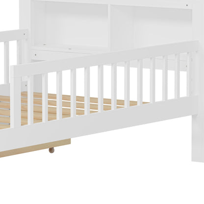Bed with headboard storage rack, 2 under-bed drawers, and 3 side guardrails for safety on Tampa Home & Garden Store
