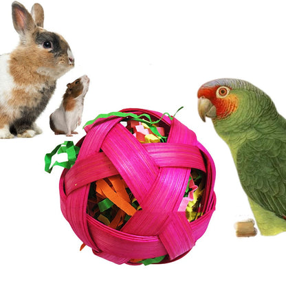 Natural bamboo woven toy ball foraging toy, pink strips; 3 pets nearby on Tampa Home & Garden Store