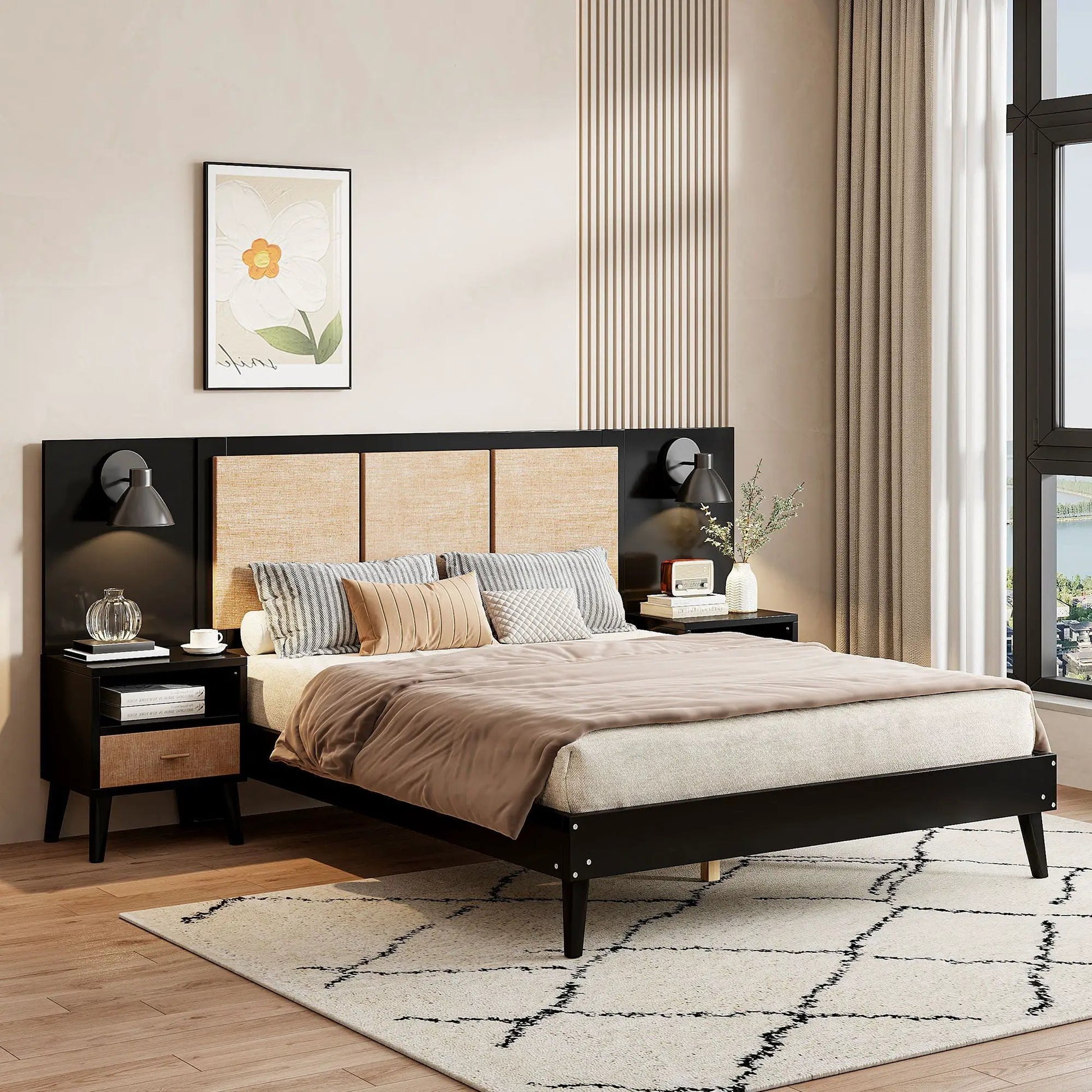 Bed frame with nightstands and lamps in black beige, 3pc bedroom set Unique Piece Furniture on Tampa Home & Garden Store