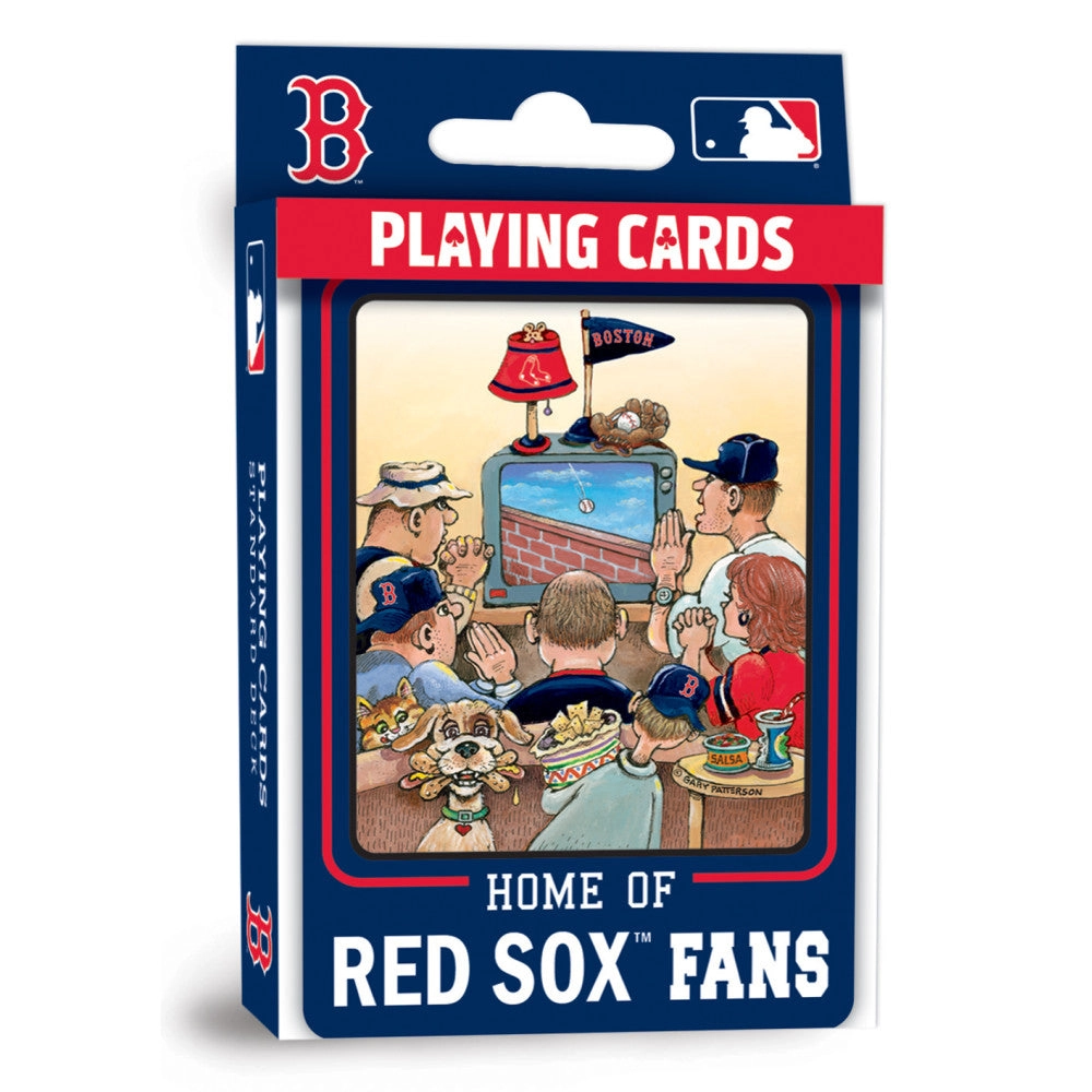 Boston Red Sox fan playing cards, 54-card deck in blue-red box with fans on TV screen on Tampa Home & Garden Store