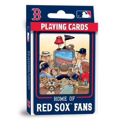 Boston Red Sox fan playing cards, 54-card deck in blue-red box with fans on TV screen on Tampa Home & Garden Store