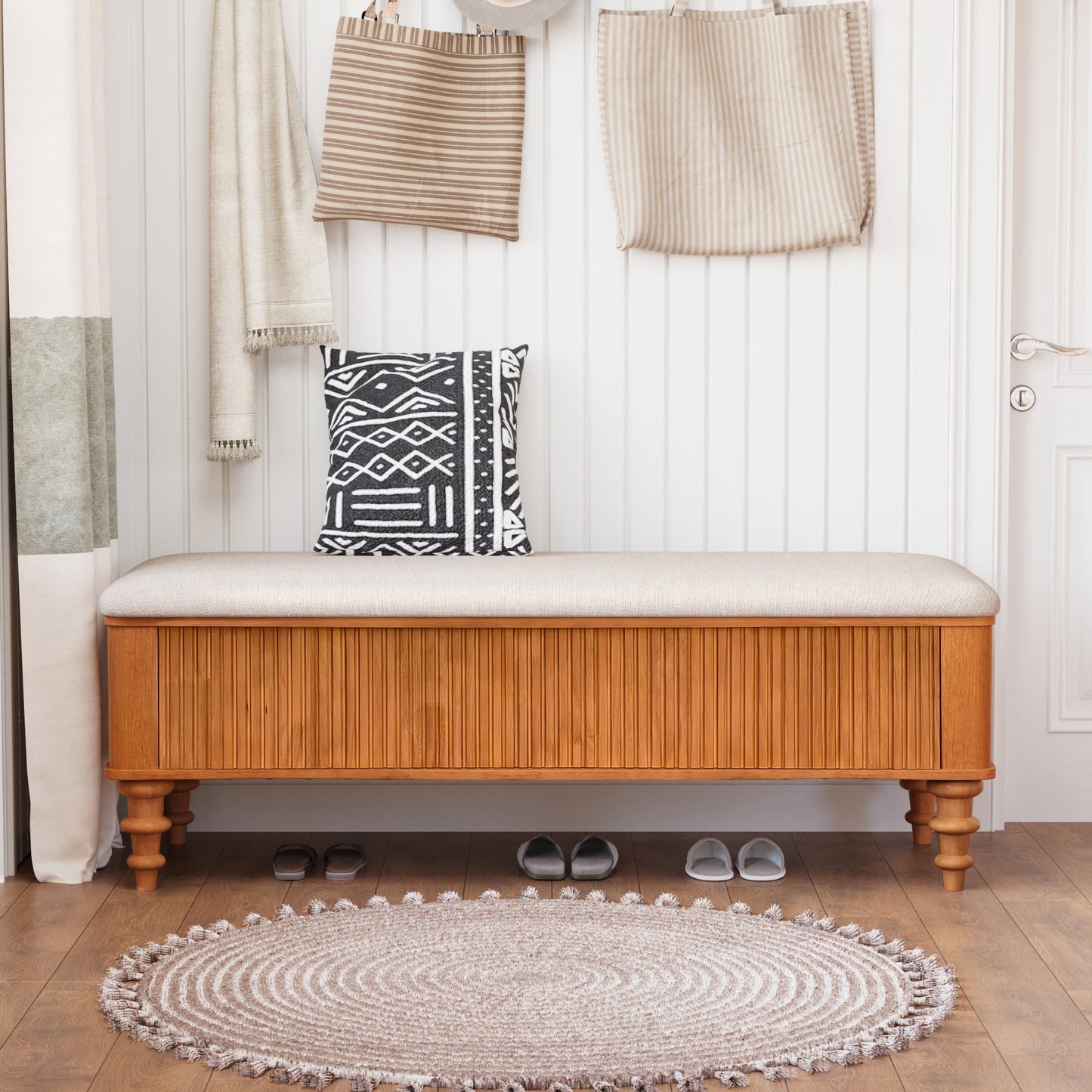 50.8-Inch storage ottoman bench with beige upholstered top and wood base on Tampa Home & Garden Store