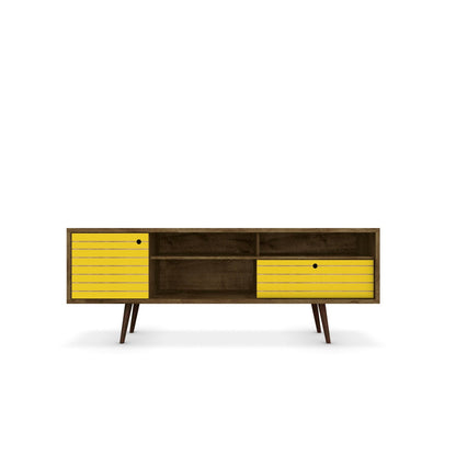 TV stand with wire management and storage, yellow front panels, wood frame, mid-century legs on Tampa Home & Garden Store