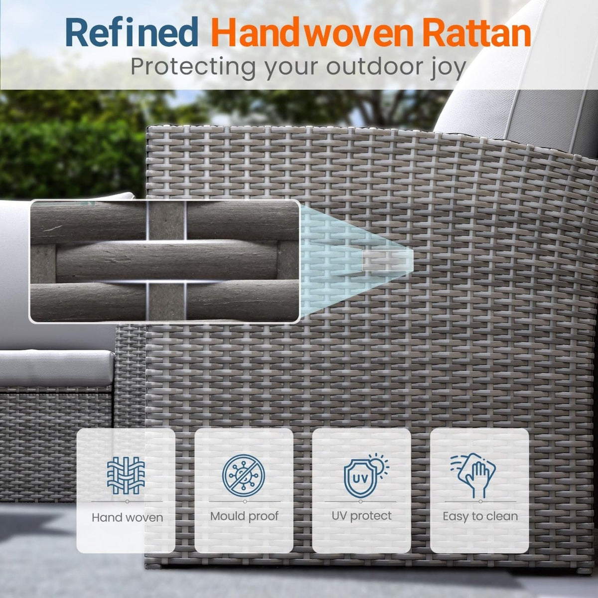 Modern patio set with cushions, 3-piece outdoor rattan set with glass table on Tampa Home & Garden Store