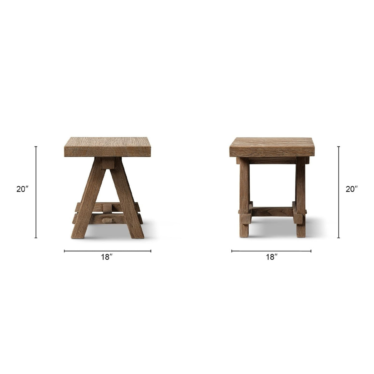 Trestle coffee table in solid reclaimed elm, dark or light brown finish, two views on Tampa Home & Garden Store
