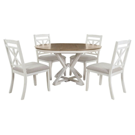 5-piece dining set extendable round table with wood top whitewashed base four upholstered chairs on Tampa Home & Garden Store