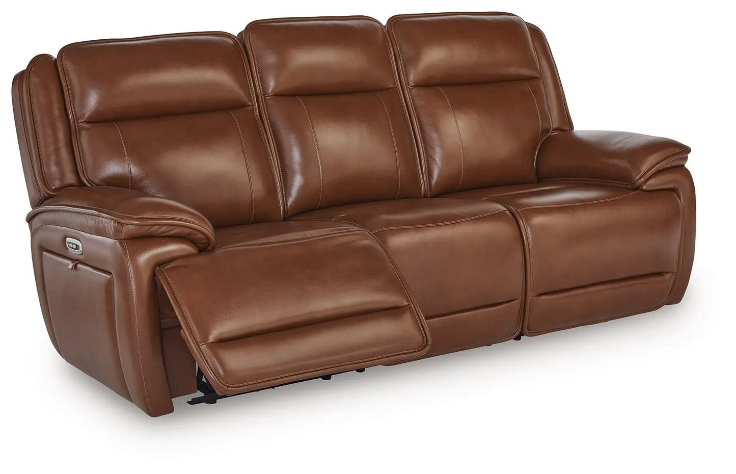 Healy Pier three-seat power reclining sofa with adjustable headrests in chocolate brown leather on Tampa Home & Garden Store