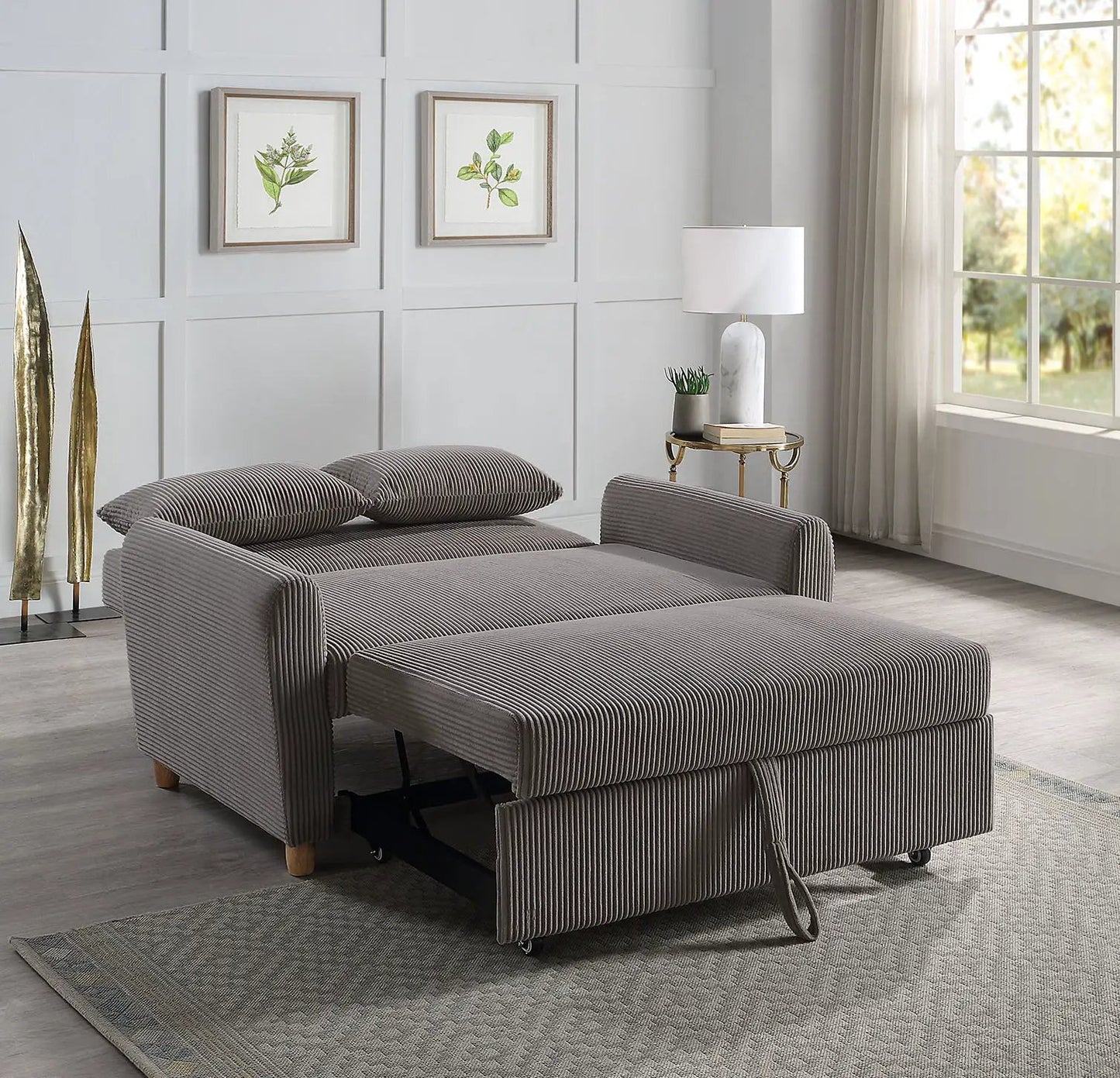 Justine Convertible Sleeper Loveseat gray striped upholstery with pull-out bed on Tampa Home & Garden Store