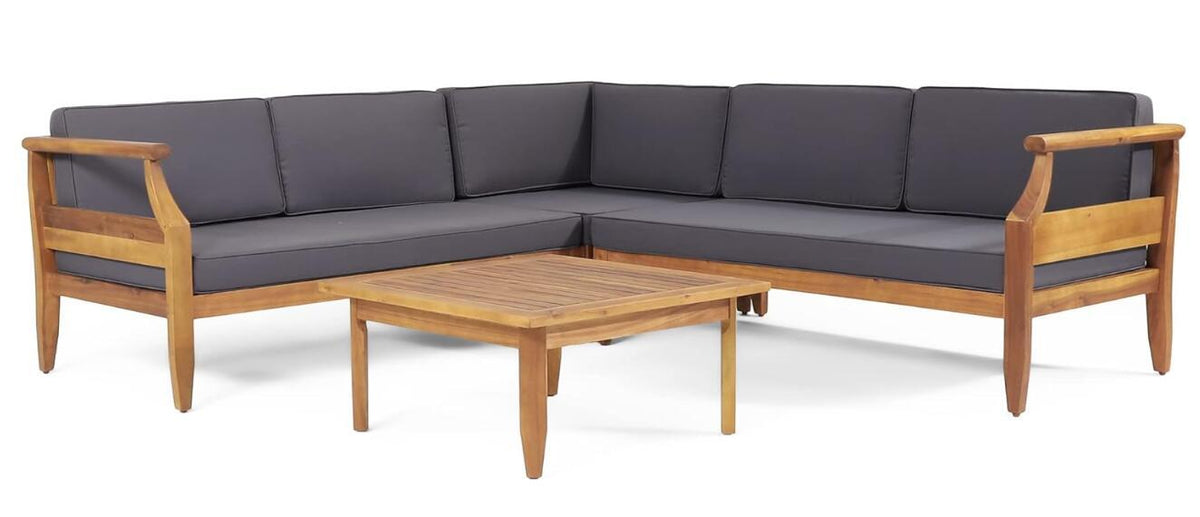 Aston 4 Piece Outdoor Sofa Set with dark gray cushions and wooden coffee table by HouseOfZazla on Tampa Home & Garden Store