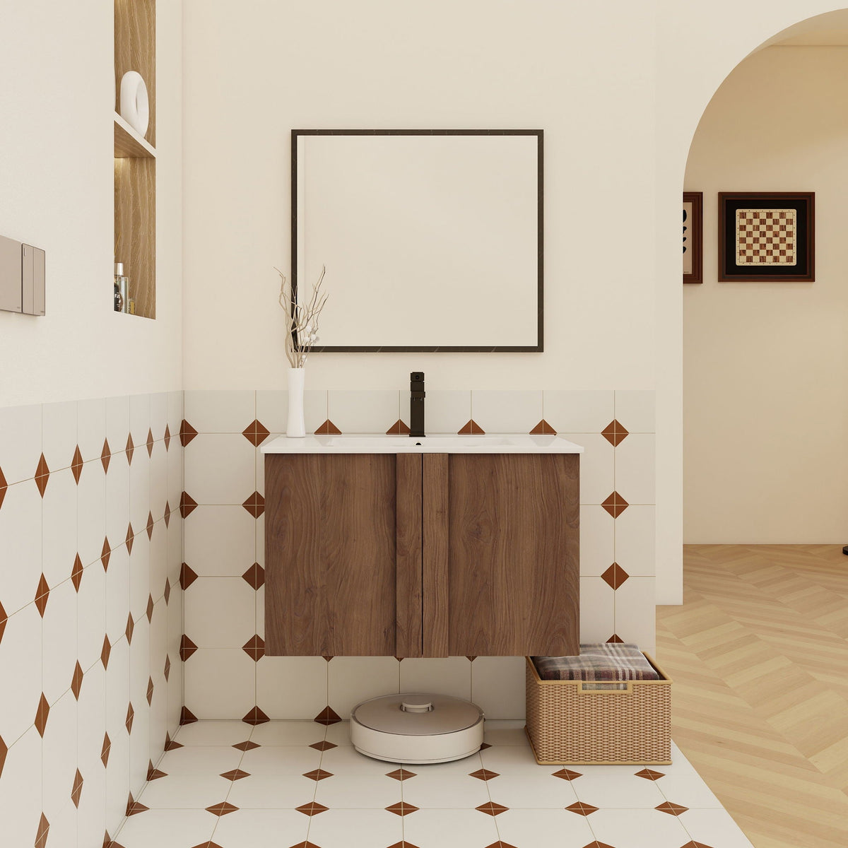 Floating vanity with sink in dark brown wood and soft-close doors on Tampa Home & Garden Store