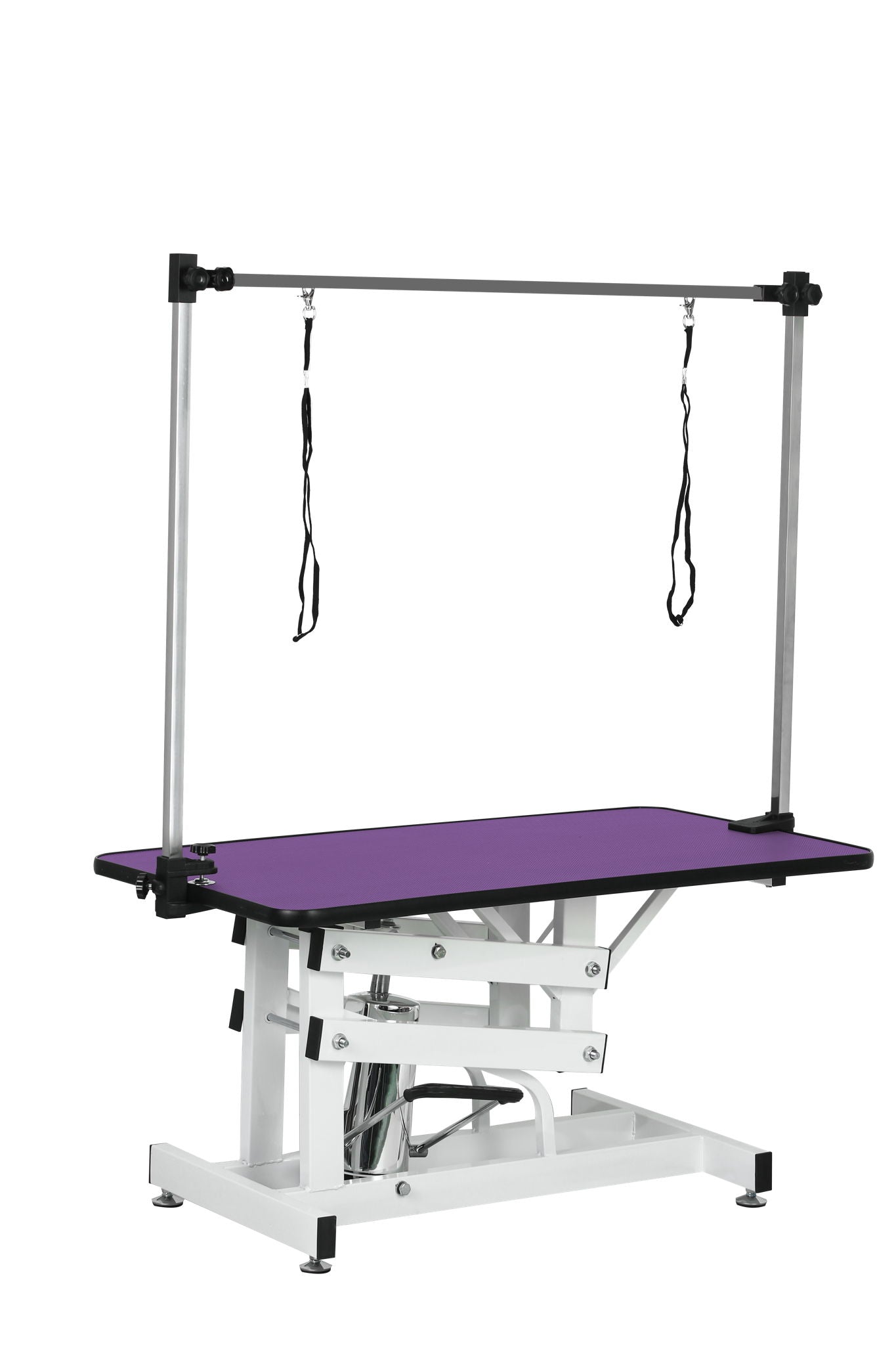 Hydraulic pet grooming table with H-arm, purple top, silver frame, hanging straps on Tampa Home & Garden Store